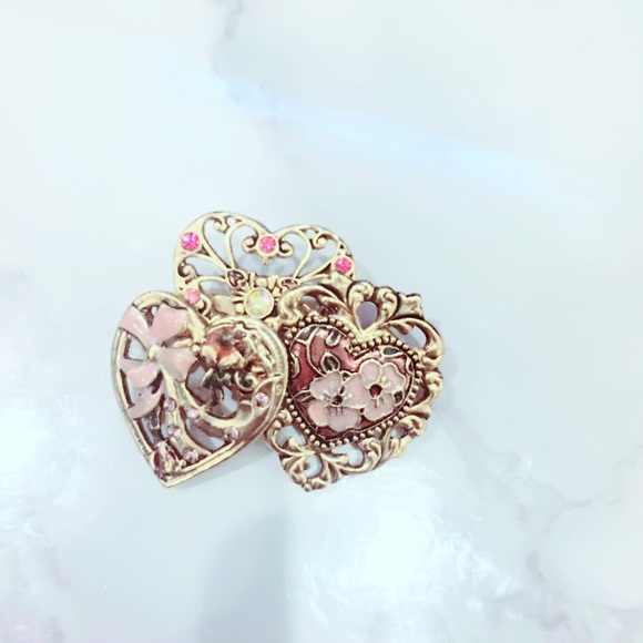 Jewelry - Pink Gold Tone Heart Brooch Bling Pin
